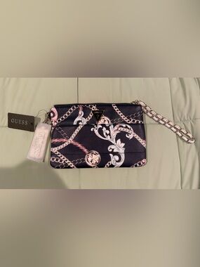 GUESS Black Scarf-Print Wristlet with Gold Logo